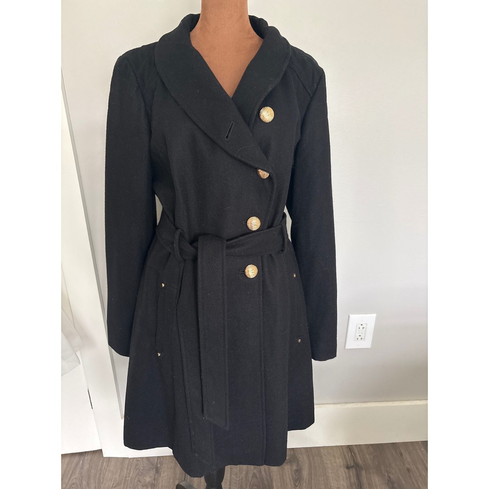 Vintage Guess Black Wool Blend Double Breasted Trench Coat Gold Buttons XL - Picture 3 of 11